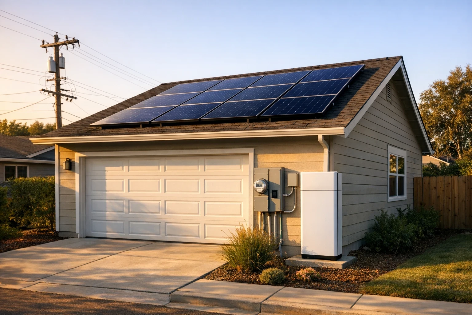 Suburban home with rooftop solar panels and a home battery during late afternoon peak-rate hours